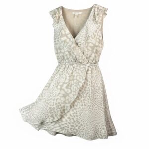 BCBGENERATION Ruffled Faux Wrap Dress Tan White Animal Leopard Print Pockets M